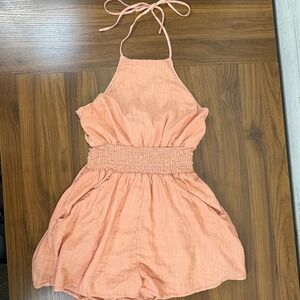 American Eagle Romper Tie Back Smocked Waist Halter Salmon‎ Pink Peach Linen S